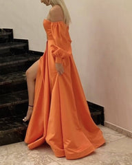 Long  Satin Prom Dresses Puffy Sleeve Leg Split
