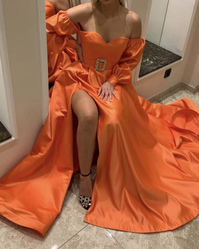 Long  Satin Prom Dresses Puffy Sleeve Leg Split