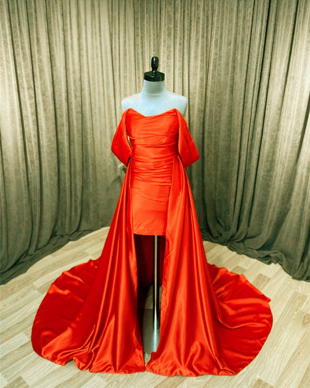 Orange Satin Off The Shoulder Prom Dresses