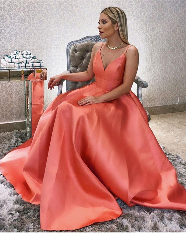 Floor Length Satin V Neck Prom Dresses