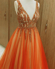 Orange Tulle Ball Gown Beaded V-neck