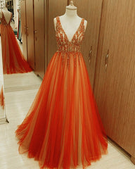 Orange Tulle Ball Gown Beaded V-neck