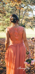 Sleeveless Orange Lace Chiffon A-line Long Bridesmaid Dresses - RongMoon