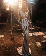 Sexy Sequined Mermaid Prom Dresses Illusion Jewel Neck Beading Long Sleeve Evening Gowns Party Dress - RongMoon