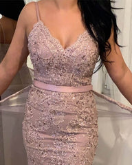 Pale Pink Mermaid Lace Prom Dress