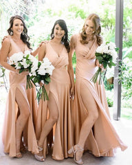 Sexy Deep V-Neck Leg Split Bridesmaid Long Dresses