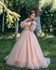 Peach Prom Dresses Tulle Ball Gown Long Sleeves with 3D Flowers