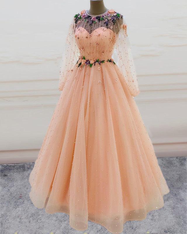 Long Sleeves Prom Dresses Princess Tulle Beaded - RongMoon