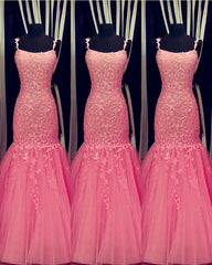 Tulle Lace Appliques Mermaid Prom Dresses Spaghetti Straps