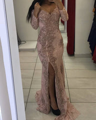 Pink Lace Prom Dress Mermaid V-neck