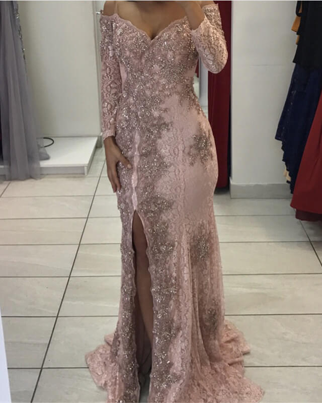 Pink Lace Prom Dress Mermaid V-neck