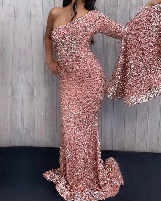 Pink Mermaid One Shoulder Sequin Prom Dresses