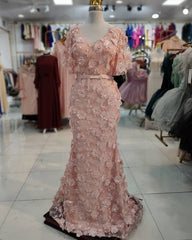 3D Lace Flowers Mermaid V Neck Puffy Sleeves Dresses