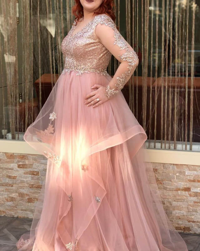 Pink Plus Size Prom Dresses Long Sleeves