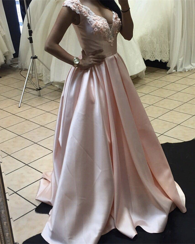 Floor Length Satin V Neck Prom Dresses Appliques
