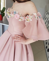 Pink Satin Prom Dresses With 3D Flowers