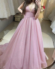 Pink Sparkly Prom Dresses V Neck Ball Gown