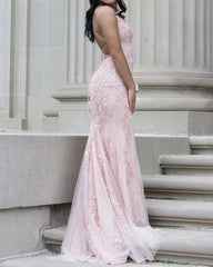 Mermaid Prom Dresses Cross Back Lace Embroidery