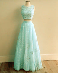Pink Tulle Two Piece Prom Dresses Lace Crop