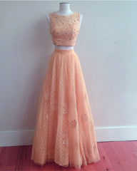 Pink Tulle Two Piece Prom Dresses Lace Crop