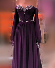 Long Sleeve Plum Chiffon Dresses Off The Shoulder