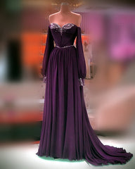 Long Sleeve Plum Chiffon Dresses Off The Shoulder