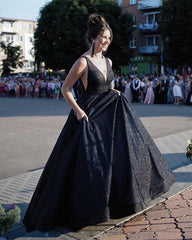 Plunge Neck Ball Gown Dresses Glitter