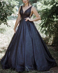 Plunge Neck Ball Gown Dresses Glitter
