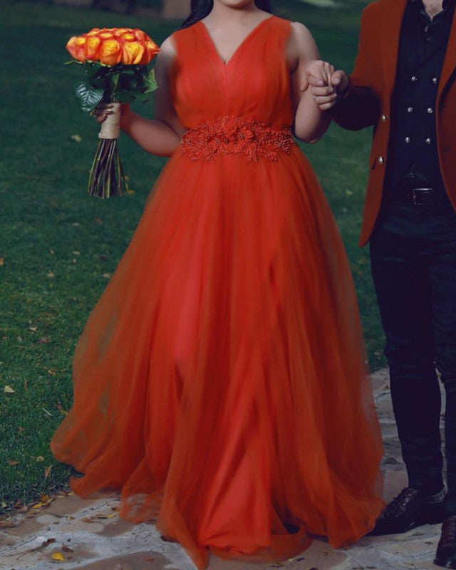 Plus Size Orange Bridesmaid Dresses V Neck Empire Waist