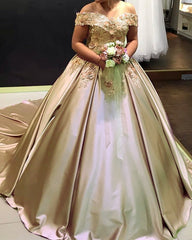 Princess Ball Gown Off The Shoulder Satin Dresses With 3D Flowers