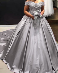 Princess Ball Gown Off The Shoulder Satin Dresses With 3D Flowers
