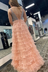 Pink Tulle Sequin V Neck Prom Dress with High Slit