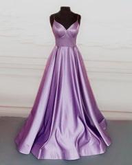 Prom Ball Gown V Neck Satin Spaghetti Straps Dresses