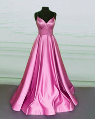 Prom Ball Gown V Neck Satin Spaghetti Straps Dresses