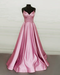 Prom Ball Gown V Neck Satin Spaghetti Straps Dresses