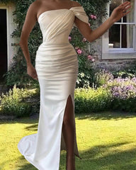 Mermaid White Satin One Shoulder Dress