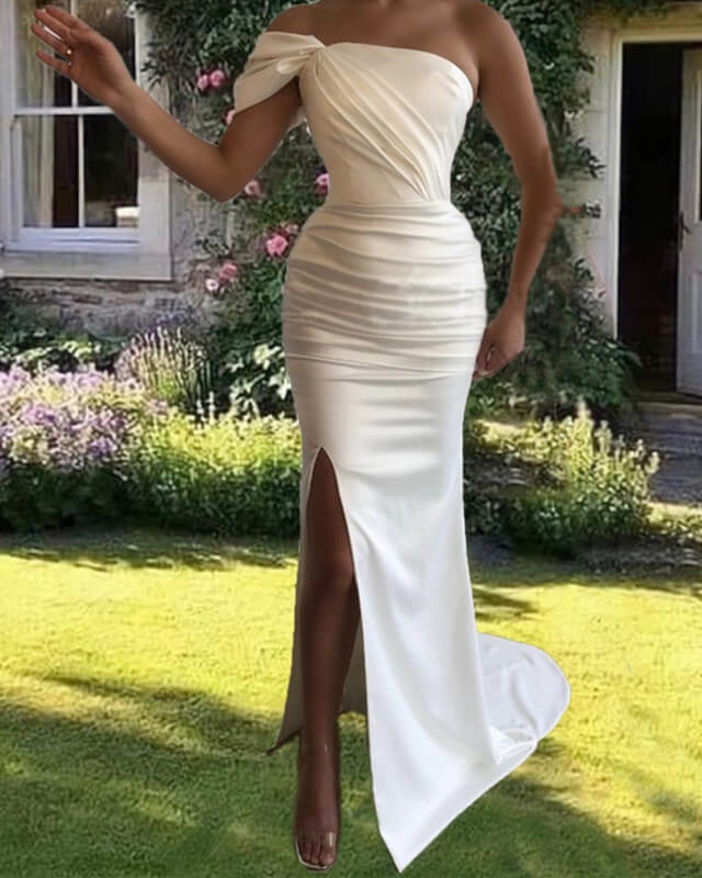 Mermaid White Satin One Shoulder Dress