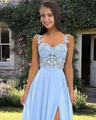 Light Blue Appliques Sweetheart Chiffon Split Dress