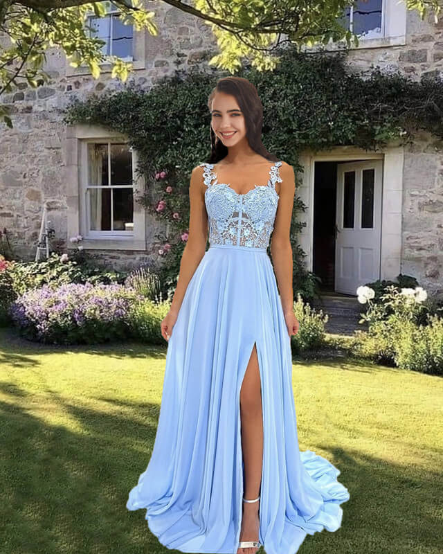 Light Blue Appliques Sweetheart Chiffon Split Dress