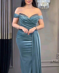 Blue Velvet Mermaid Split Off Shoulder Dress