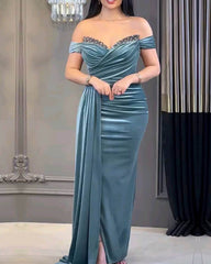Blue Velvet Mermaid Split Off Shoulder Dress