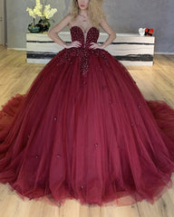 Tulle Ball Gown Sweetheart Dresses Flowers Beaded