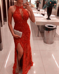 Halter Mermaid Lace Prom Dresses Leg Split