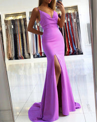 Mermaid V Neck Cross Back Prom Dresses Leg Slit