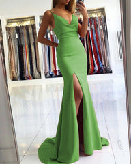 Mermaid V Neck Cross Back Prom Dresses Leg Slit