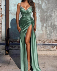 Mermaid Beaded V-neck High Slit Satin Dress
