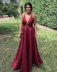 Long Satin Prom Dresses Plunge Neck Spaghetti Straps