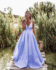 Long Satin Prom Dresses Plunge Neck Spaghetti Straps