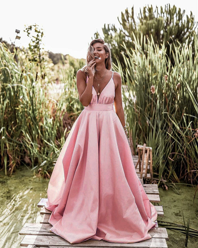 Long Satin Prom Dresses Plunge Neck Spaghetti Straps