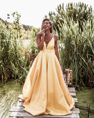 Long Satin Prom Dresses Plunge Neck Spaghetti Straps